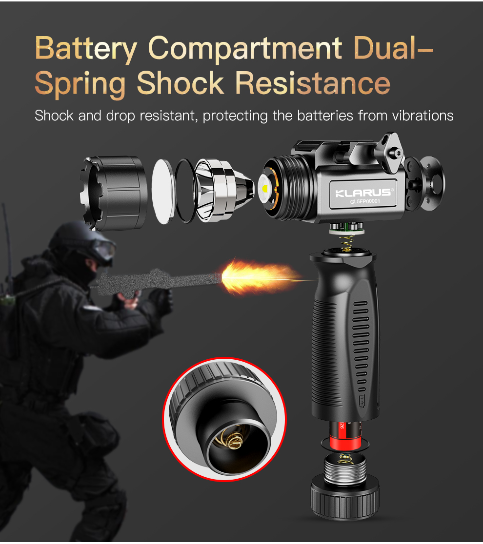 Battery Compartment Dual-Spring Shock Resistance; Shock and drop resistant, protecting the batteries from vibrations