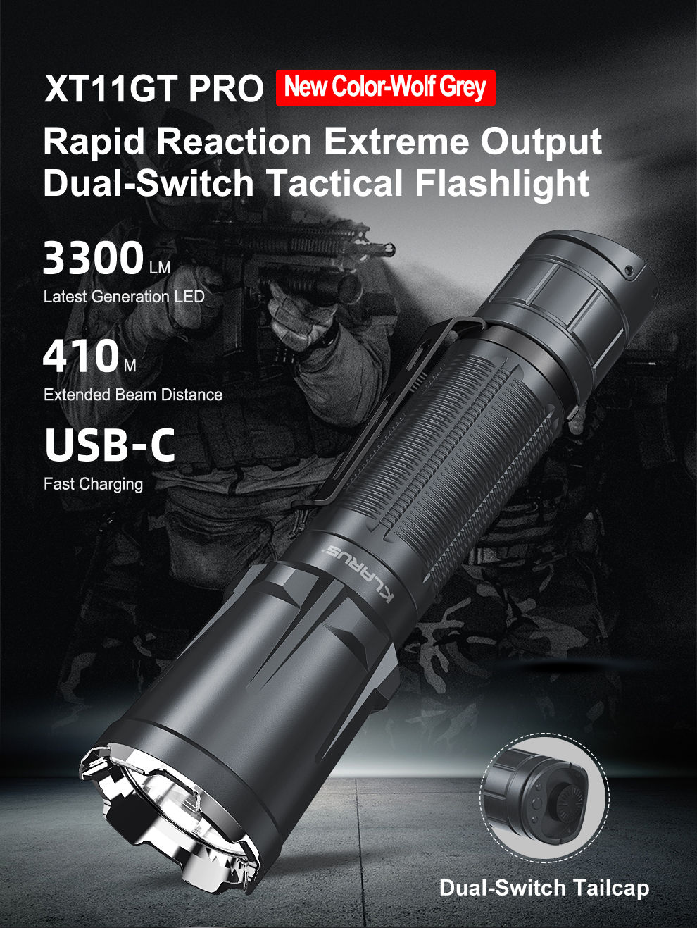 Lampe Torche Tactique Klarus XT11GT PRO V2 Gris Béton – 3300 Lumens, Rechargeable, Neuve
