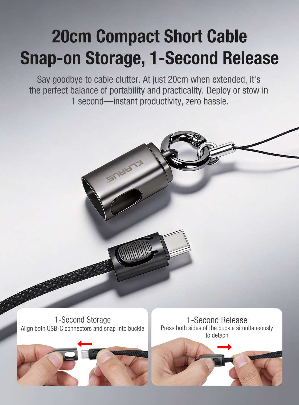 20cm Compact Short Cable Snap-on Storage,1-Second Release