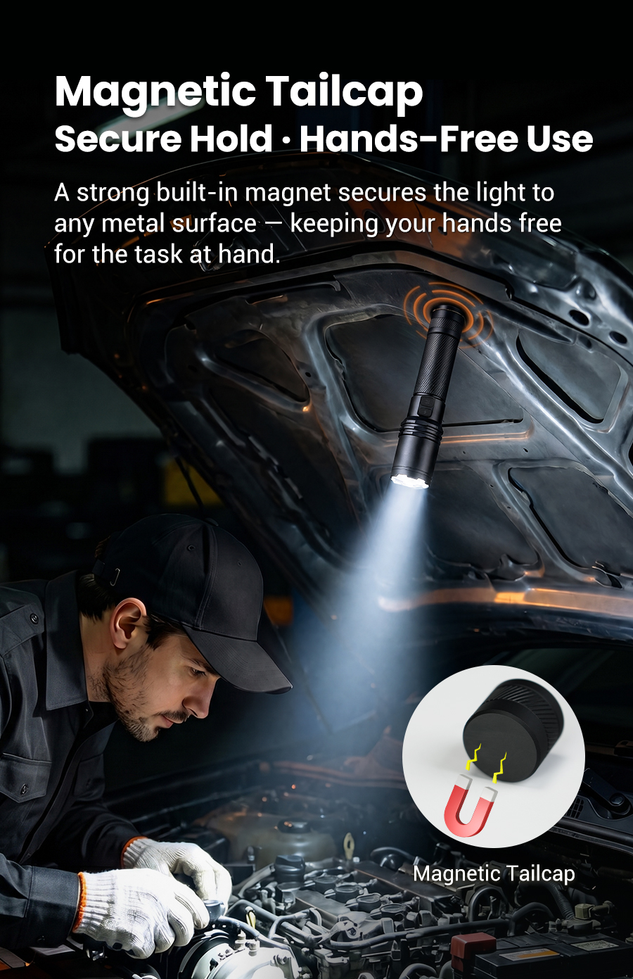 Magnetic Tailcap Secure Hold · Hands-Free Use